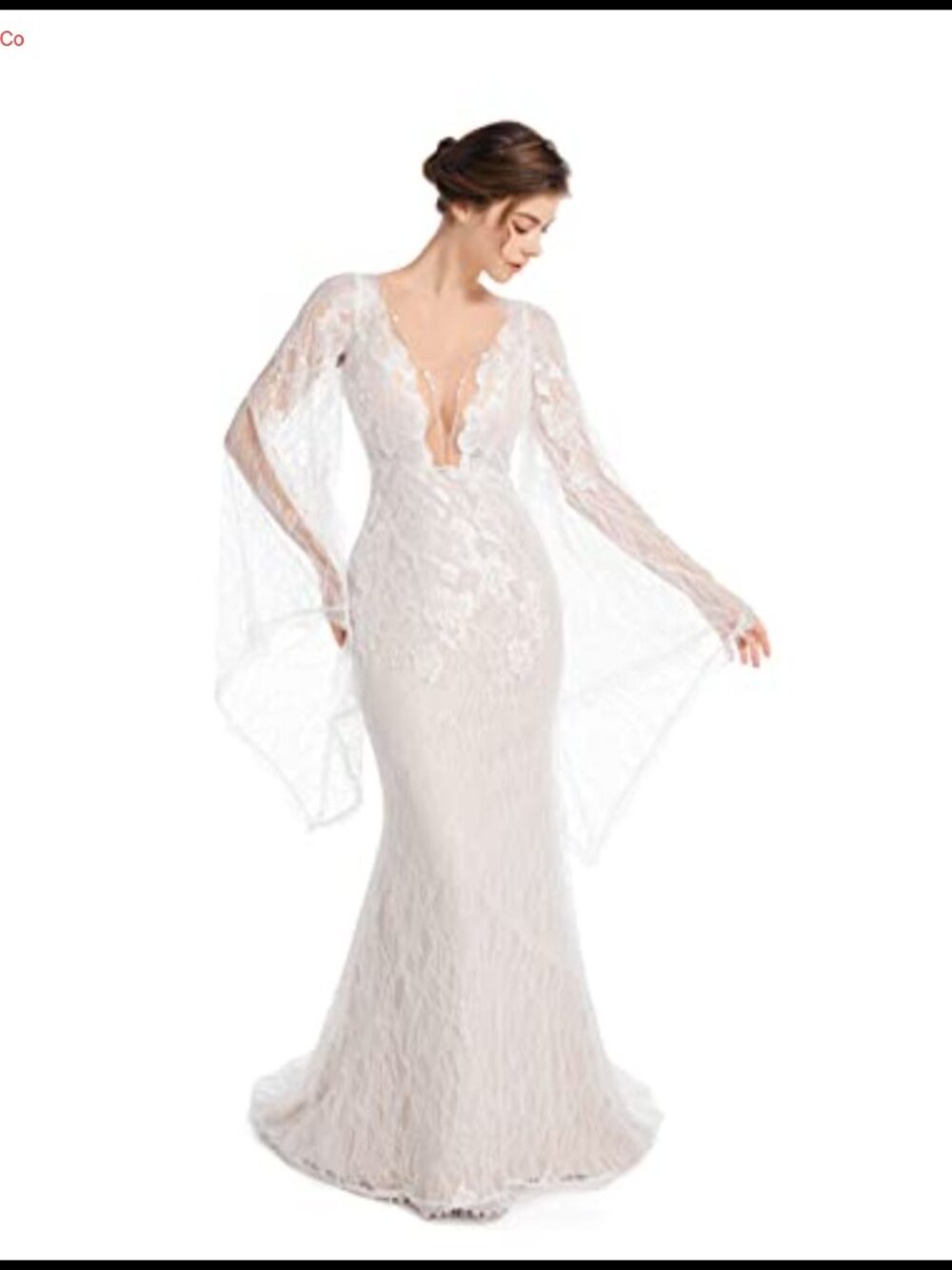 Luxury Lace Flare Sleeve Mermaid Wedding Dress Deep V Open Back Bridal